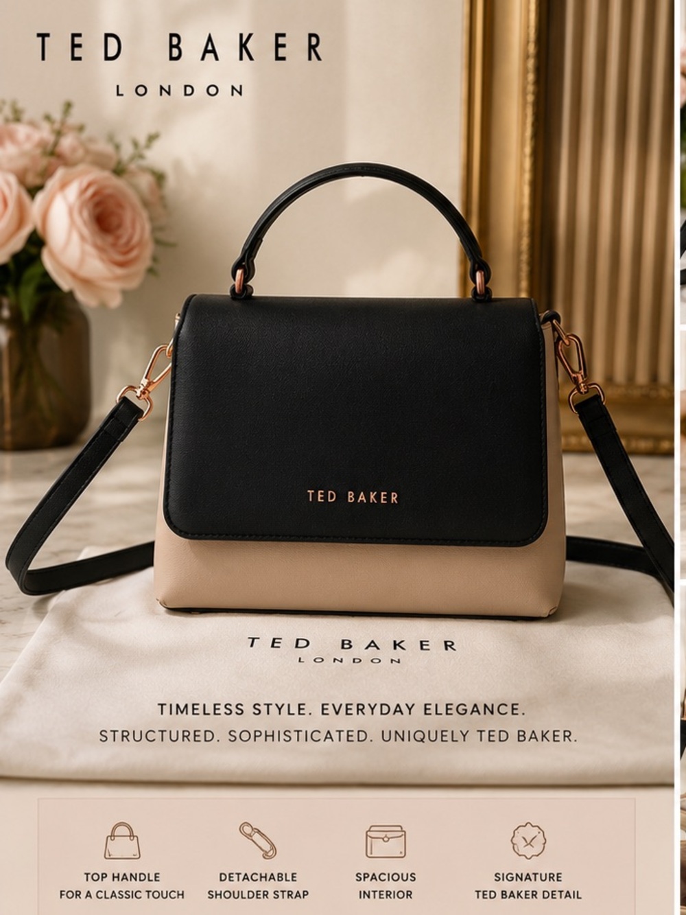 Ted Baker Black and Beige Top Handle Satchel with Animal Interior- faux leather